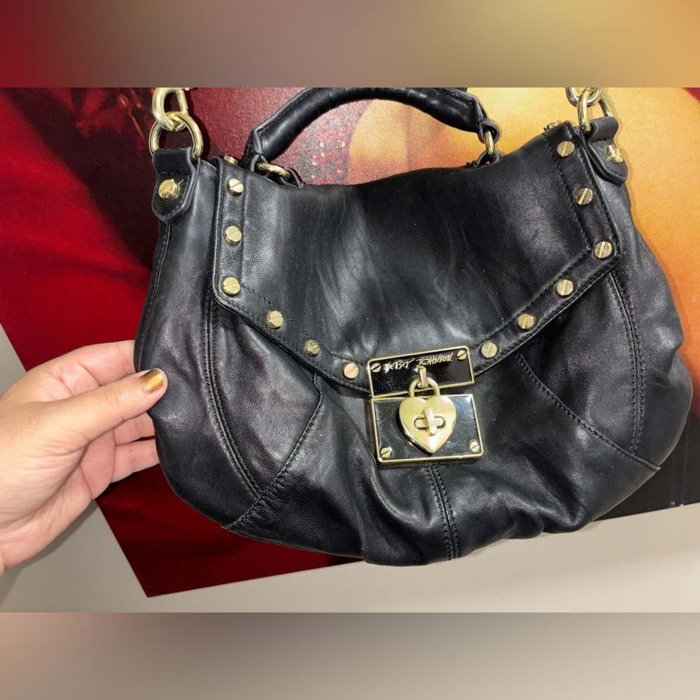Betsey Johnson Black Leather Shoulder Bag with Gold Hardware and Heart Lock